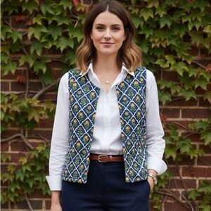 Japna Womens Quilted Cotton Vest Floral Blue Yellow Preppy Old Money Artsy